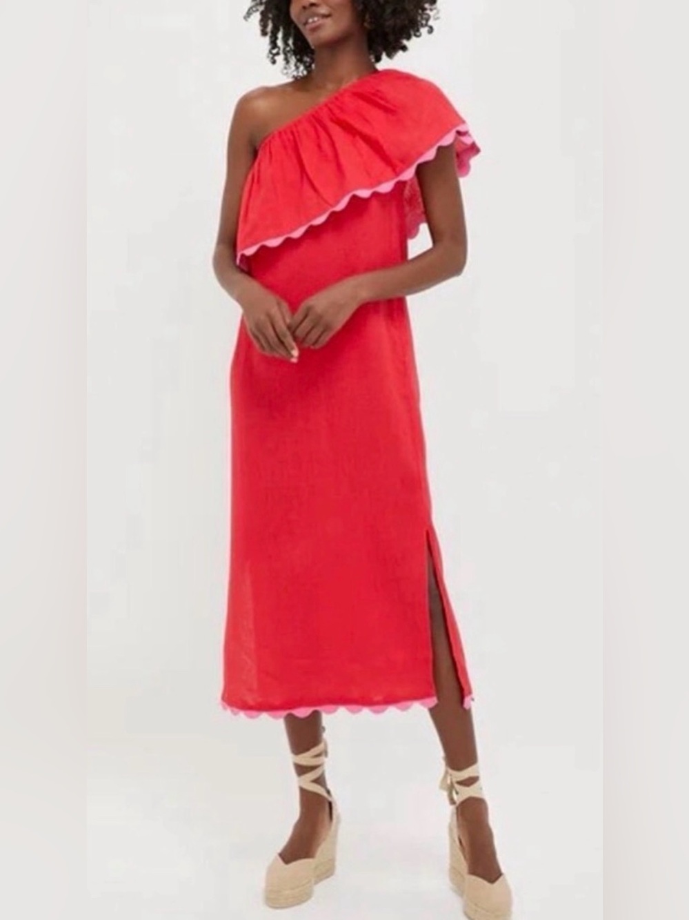 Tuckernuck linen whimsy Red One-Shoulder Ruffle Midi Dress with Pink Trim